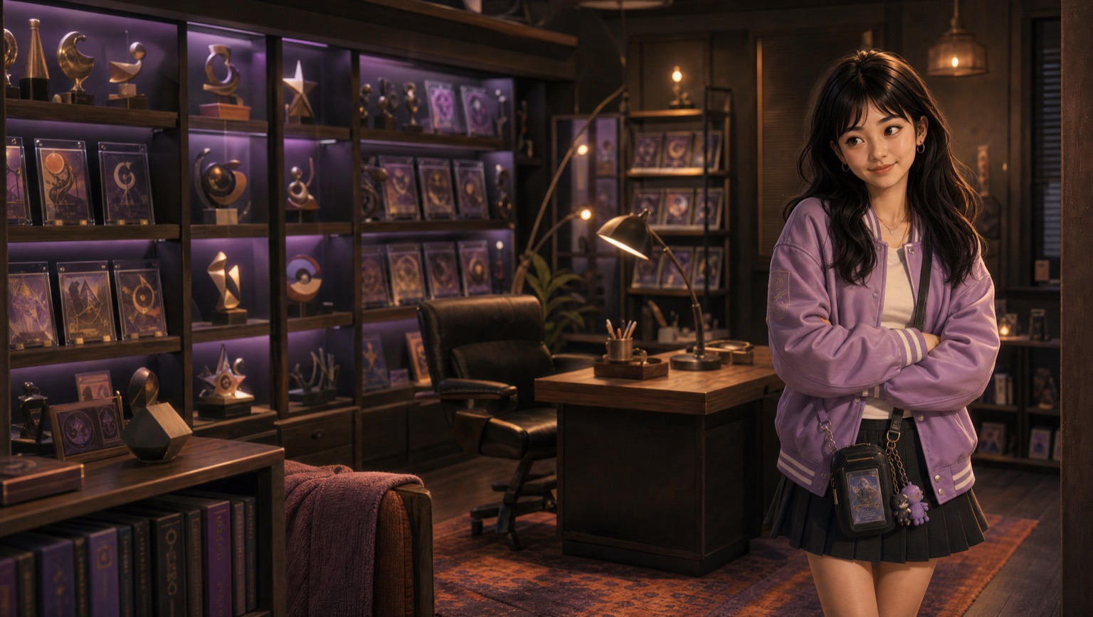 Mina surveying her display-cabinet wall