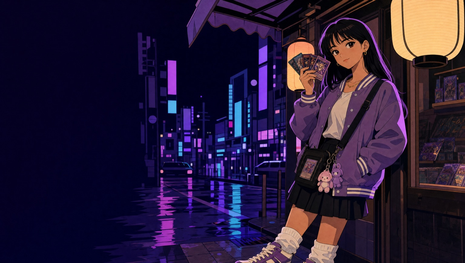 Mina outside a card shop at night, holding a freshly opened booster pack