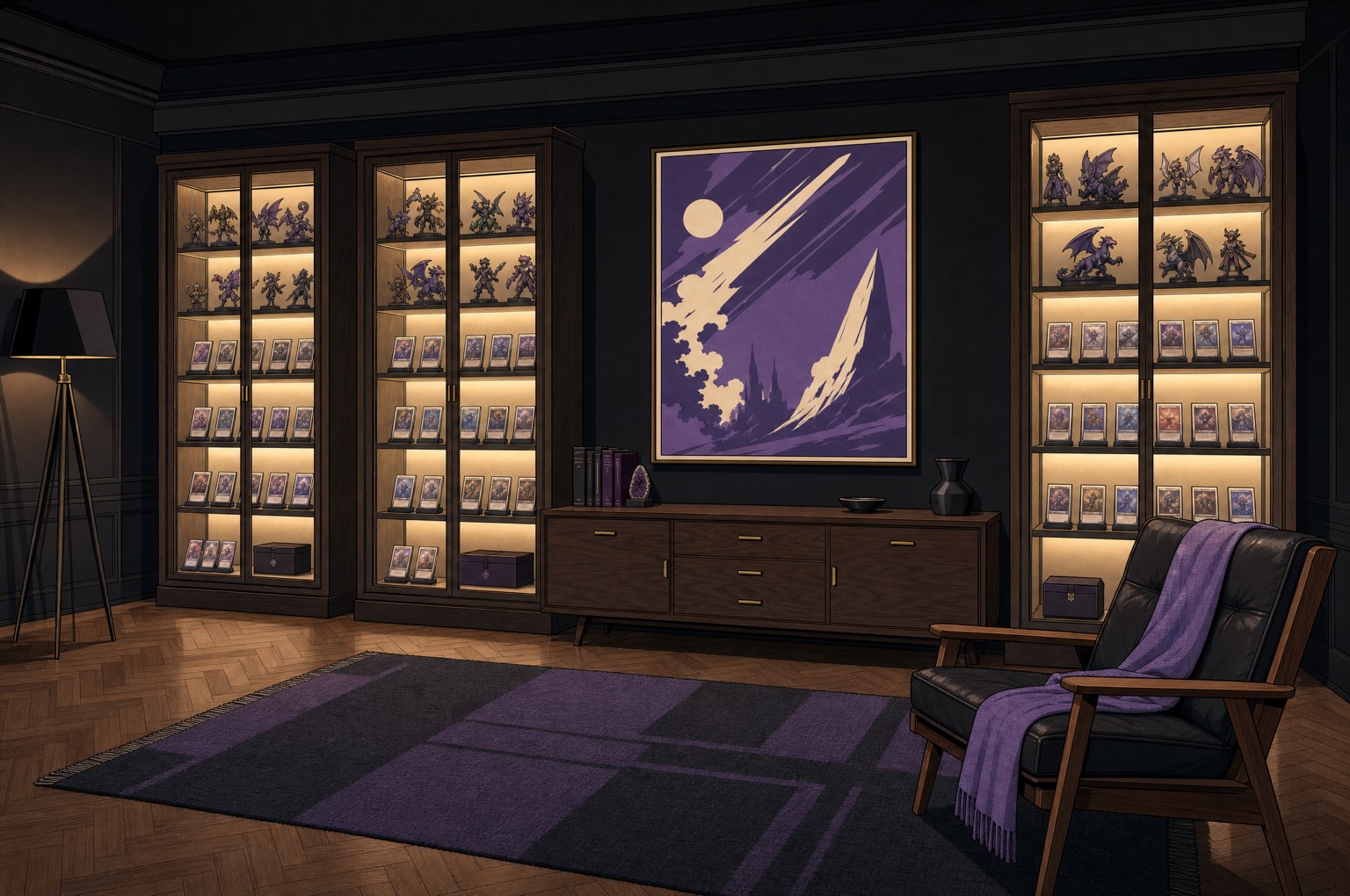 A lit display wall of graded cards