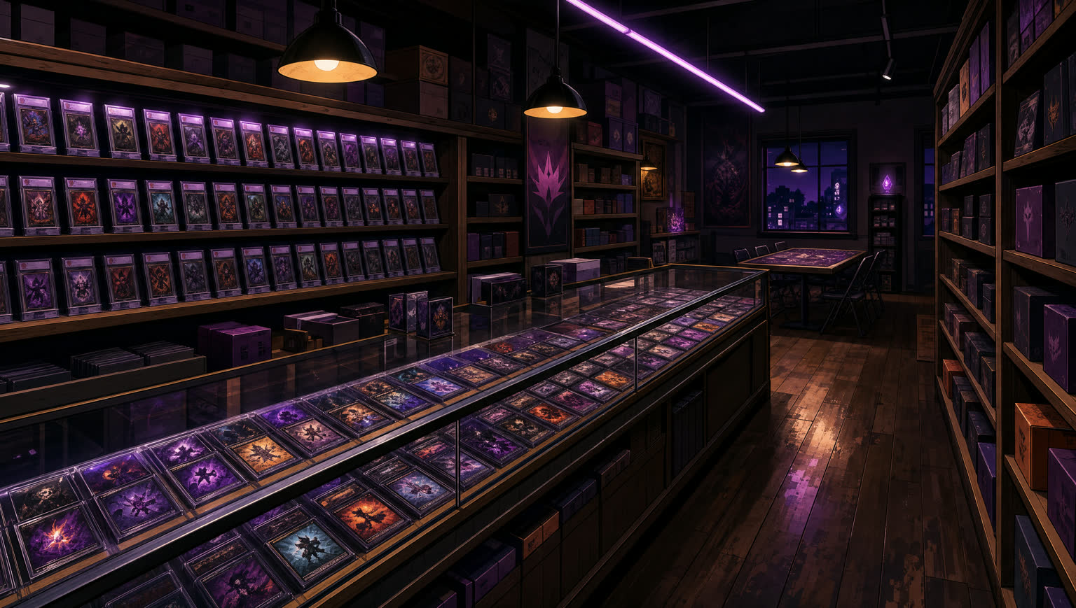 The floor of a trading card shop at night