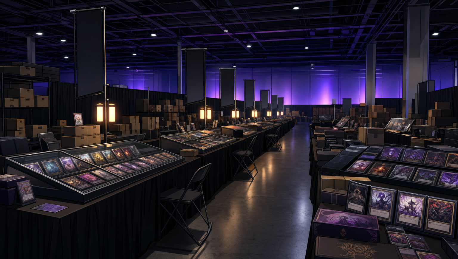 Vendor tables down the aisle of a card show before doors open